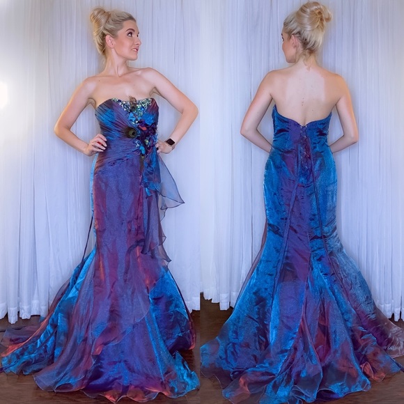 Blush Prom Dresses & Skirts - Blue Peacock Inspired Mermaid Pageant Prom Dress
